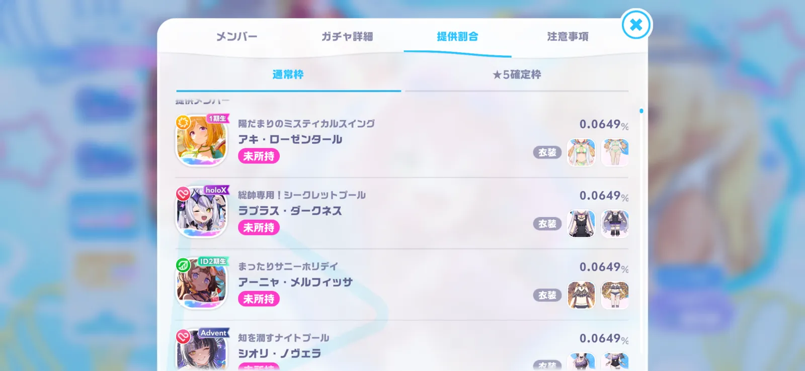 1人★5確定ガチャの通常枠。アキ・ラプラス・アーニャ・シオリの水着★5が各0.0649%の表示