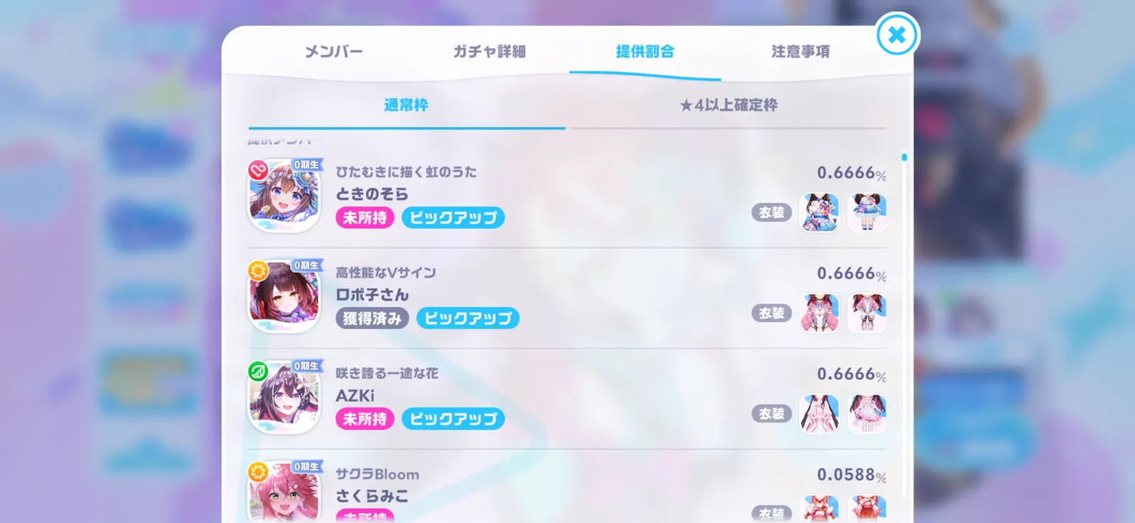 選べる!★5メンバーガチャの提供割合画面。選んだ3人が各0.6666%、さくらみこが0.0588%の表示