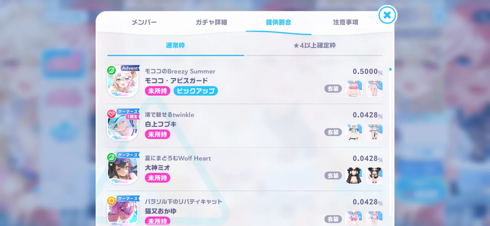 モココ0.5000%と過去の水着フブキ・ミオ・おかゆ0.0428%の表示