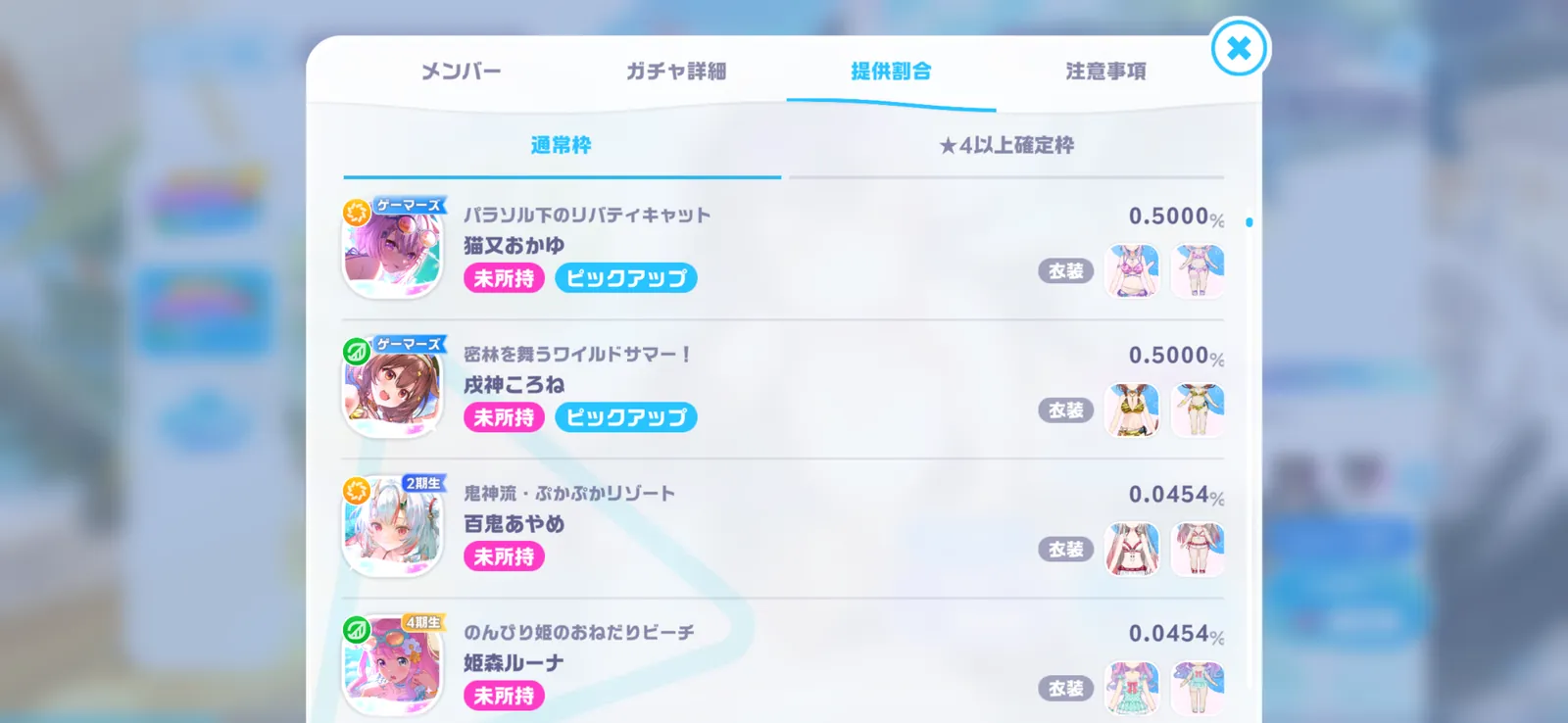 炎天下のトロピックアイランドガチャの提供割合画面。過去の水着★5を含む既存★5が各0.0454%で並ぶ表示