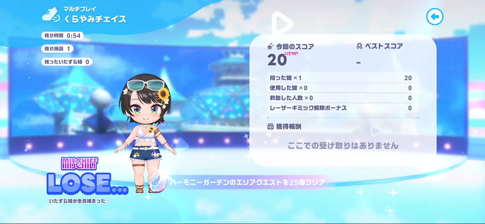いたずら組が全員捕まったLOSE表示と、拾った鍵×1で20点というスコア内訳のリザルト画面