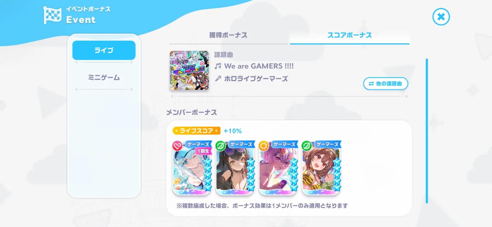 課題曲We are GAMERS !!!!のスコアボーナスでライブスコア+10%の対象メンバー4人が並ぶ画面