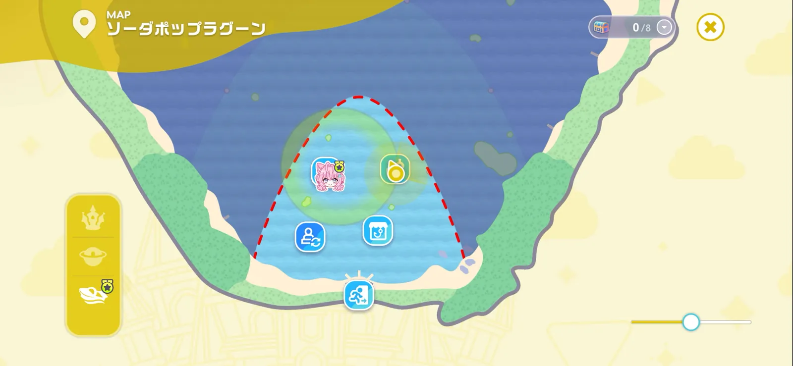 ソーダポップラグーンのマップ画面。右上に宝箱の数が0/8と表示されている