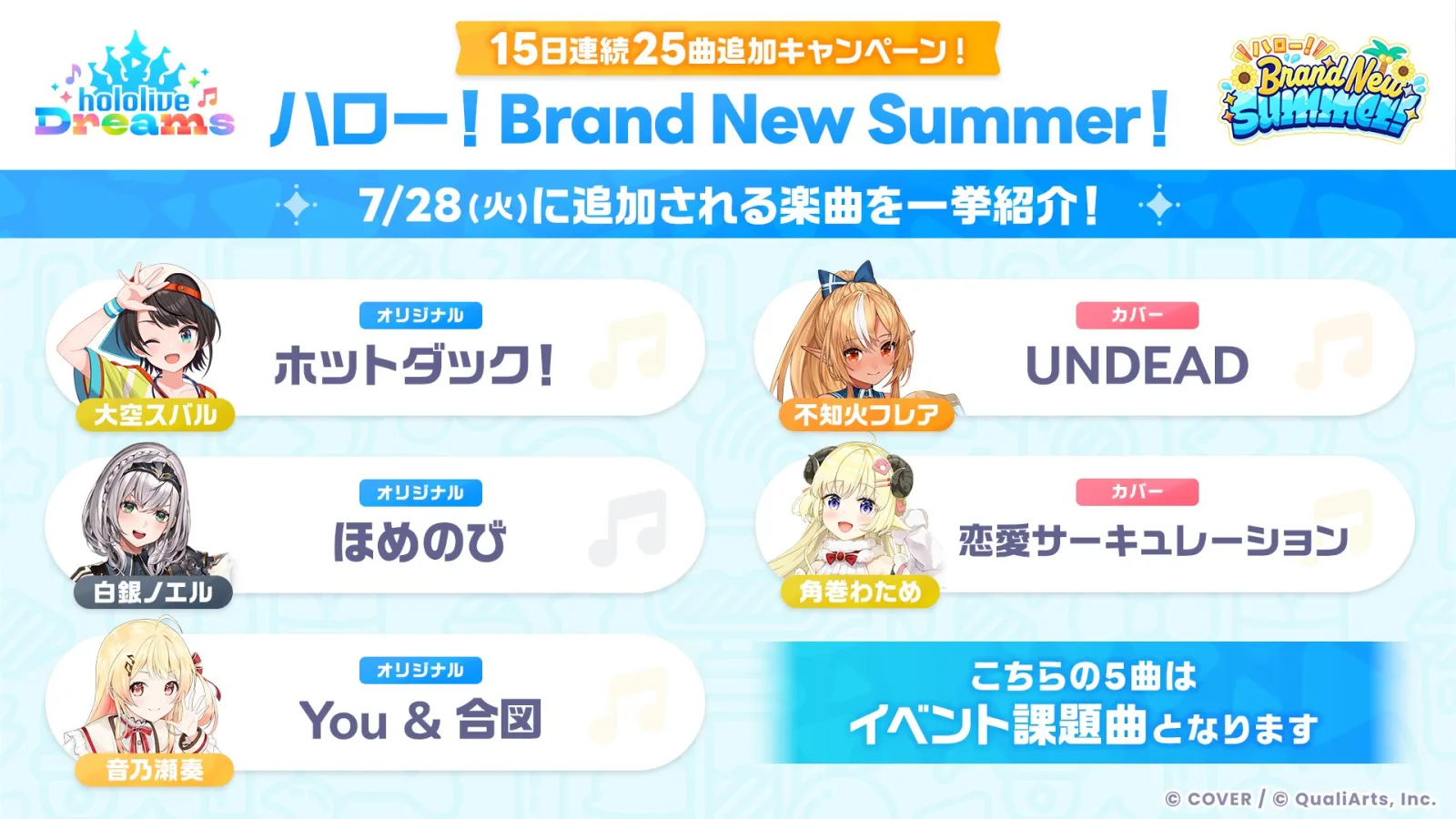 7月28日に追加予定のイベント課題曲5曲を知らせる公式画像