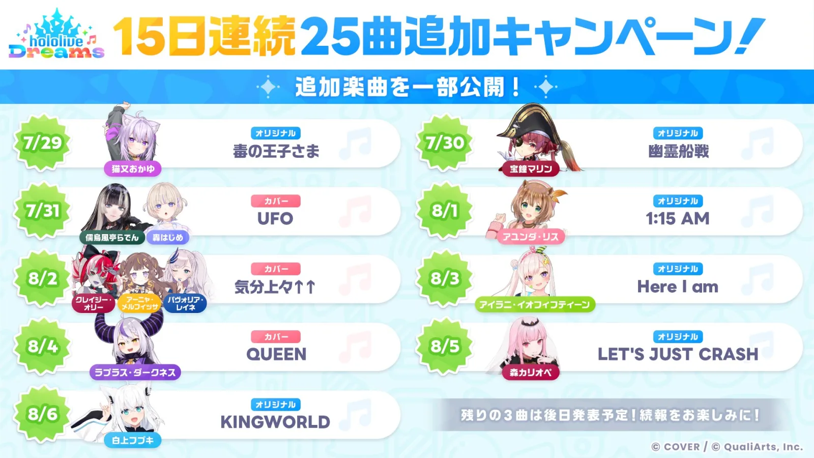 7月29日から8月6日まで1日1曲追加予定の9曲を知らせる公式画像