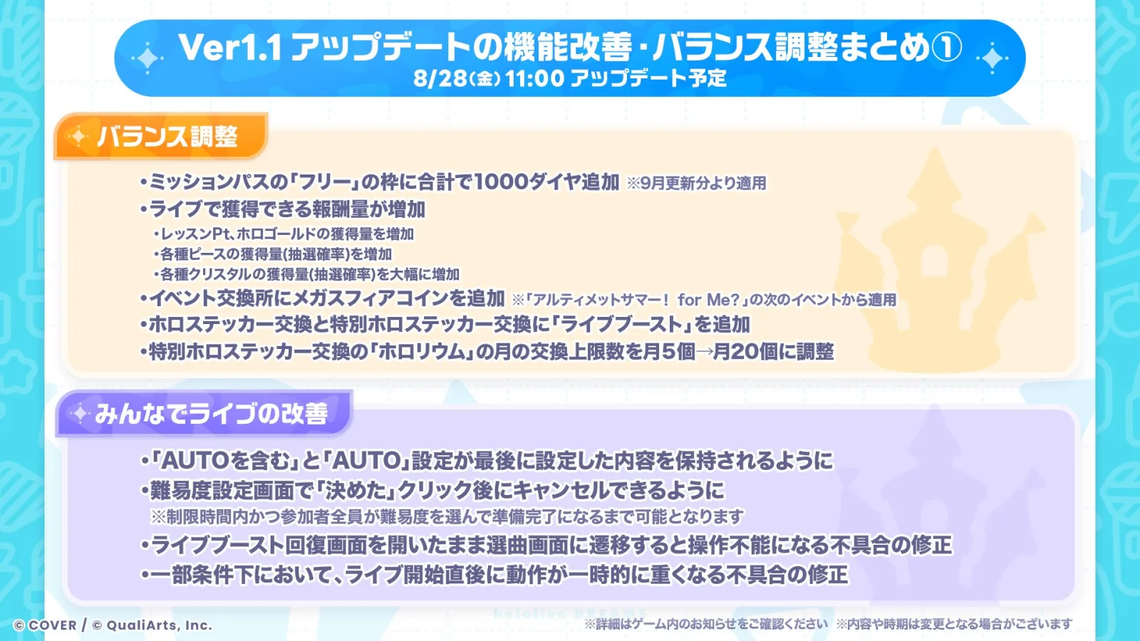 Ver1.1アップデートのバランス調整とみんなでライブの改善をまとめた公式画像
