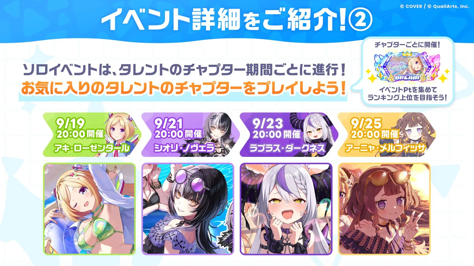 9月19日アキ・ローゼンタール、9月21日シオリ・ノヴェラ、9月23日ラプラス・ダークネス、9月25日アーニャ・メルフィッサの順に20:00から開催されるチャプター日程
